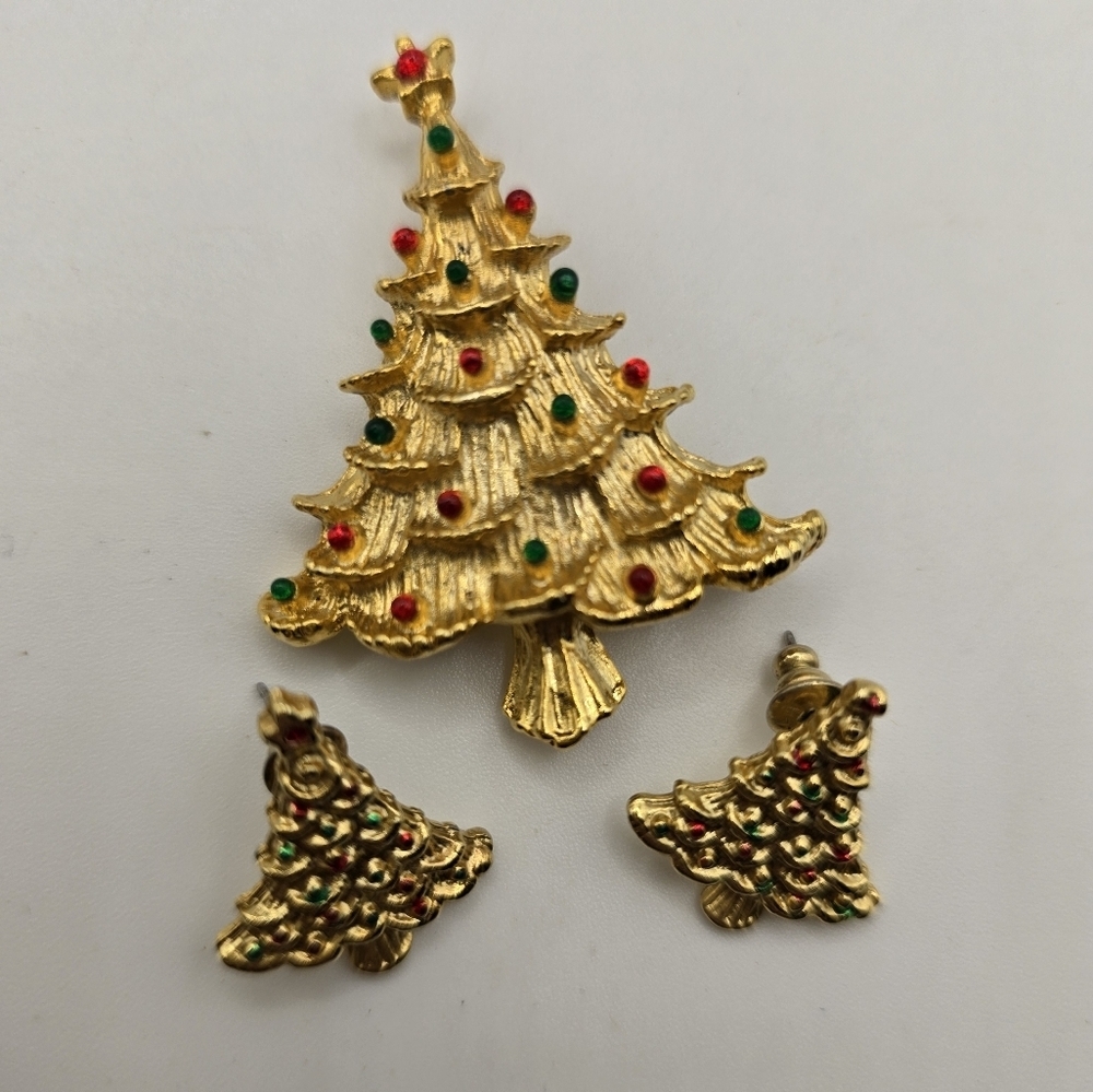 Vintage Jewelry Christmas Tree Brooch Pin And EARRINGS